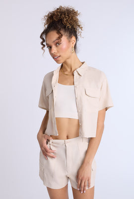 Cropped Linen-Blend Button-Up