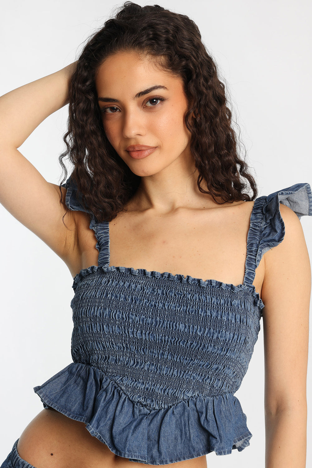 Chambray Flutter Sleeve Smocked Top Chambray Flutter Sleeve Smocked Top