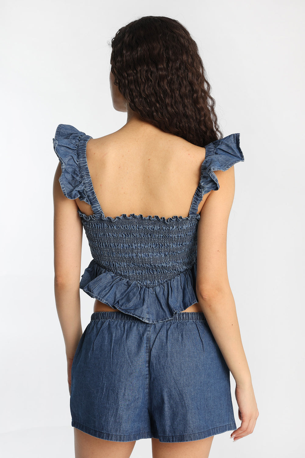 Chambray Flutter Sleeve Smocked Top Chambray Flutter Sleeve Smocked Top