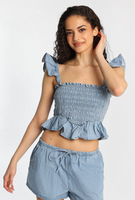 Chambray Flutter Sleeve Smocked Top
