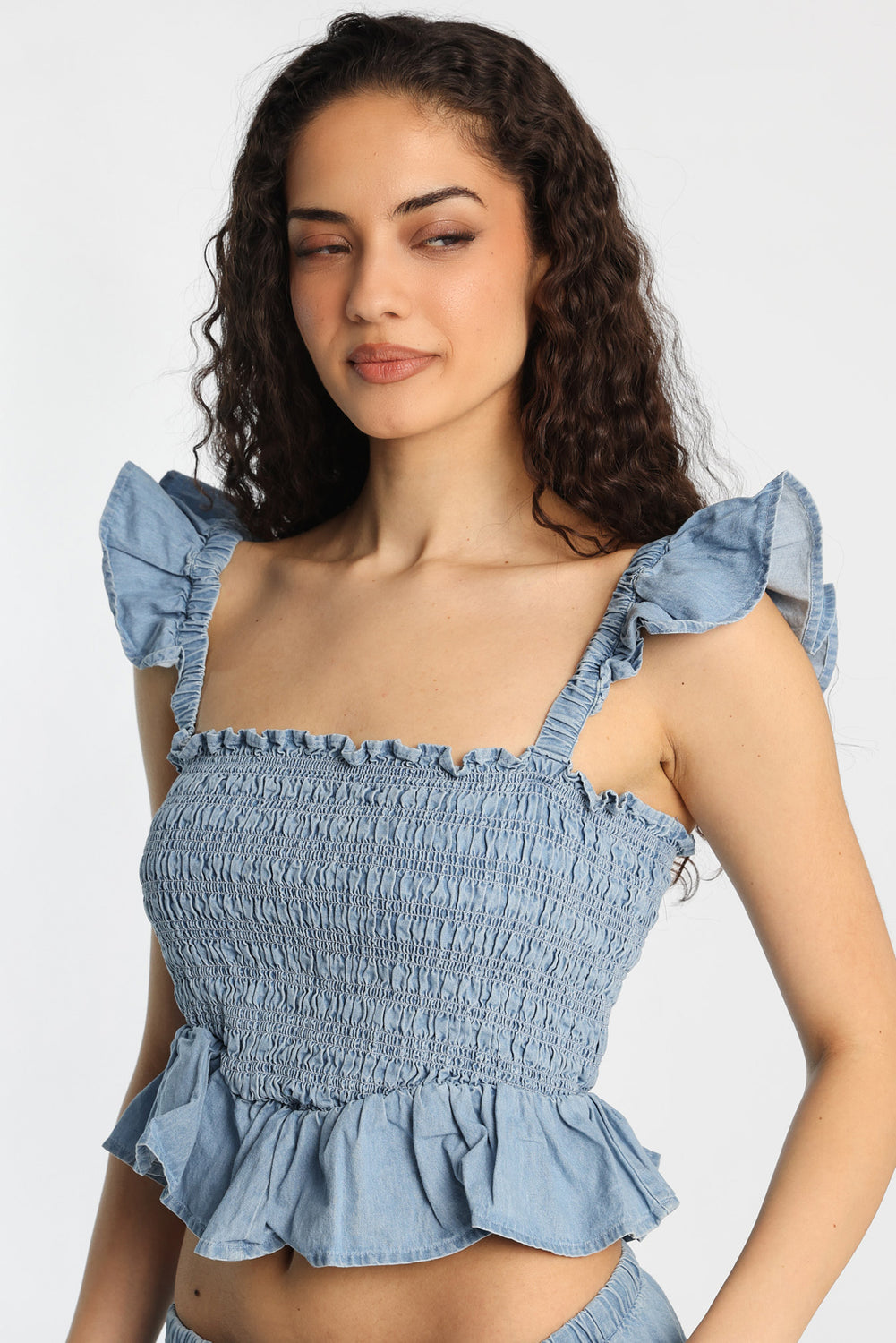 Chambray Flutter Sleeve Smocked Top Chambray Flutter Sleeve Smocked Top
