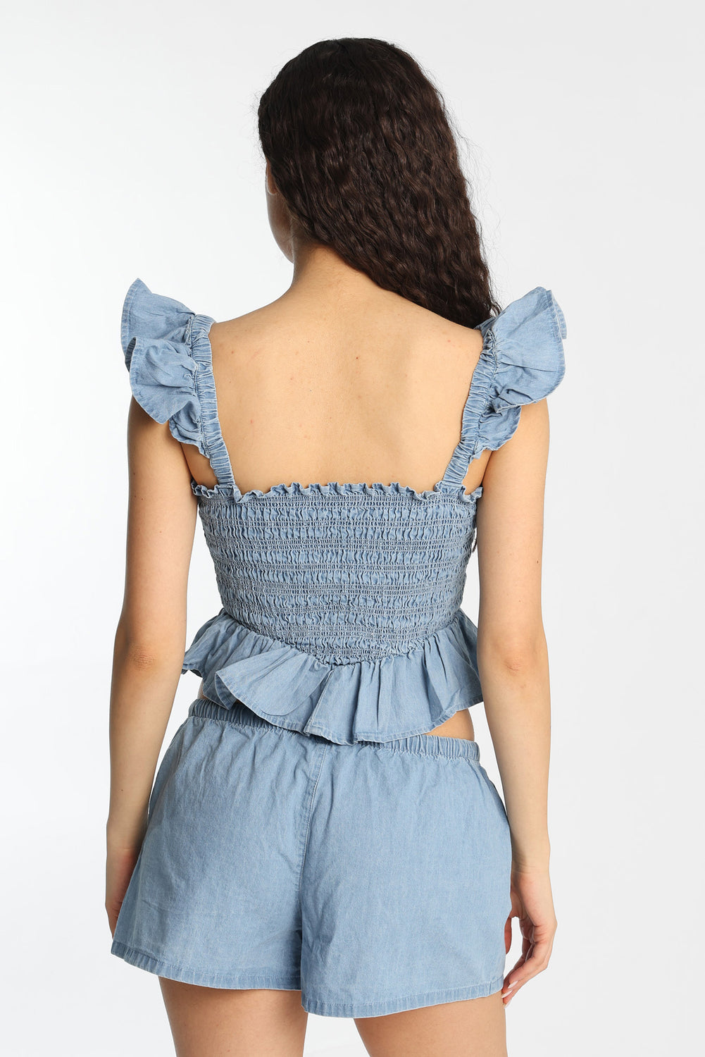 Chambray Flutter Sleeve Smocked Top Chambray Flutter Sleeve Smocked Top