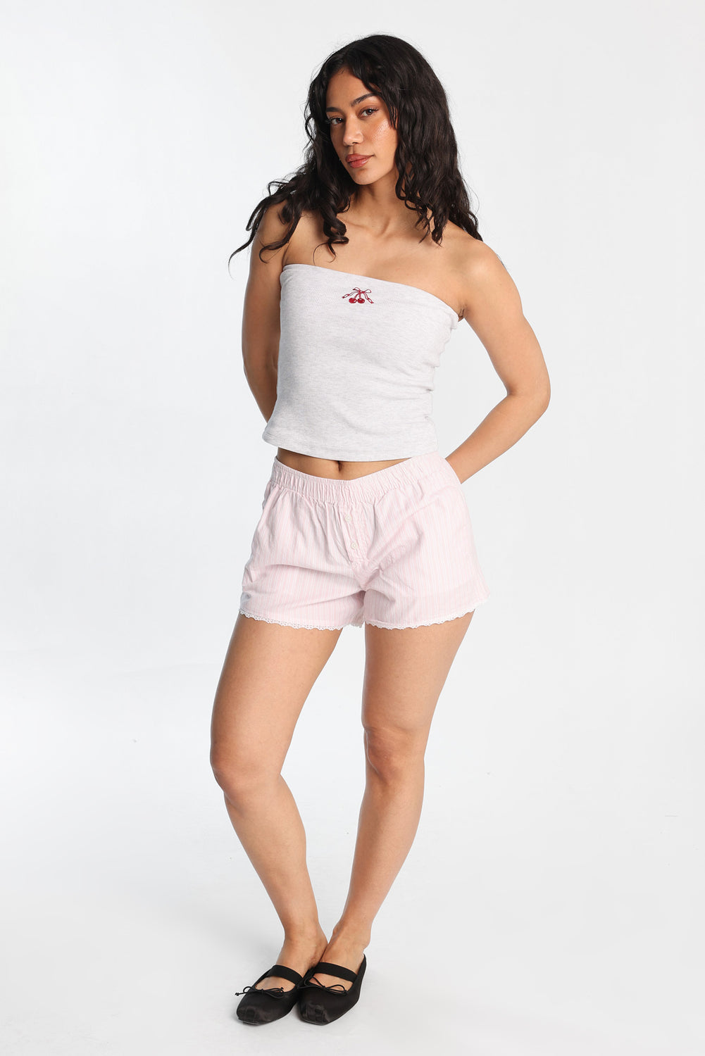 Boxer pyjama en popeline avec appliqué en dentelle Boxer pyjama en popeline avec appliqué en dentelle