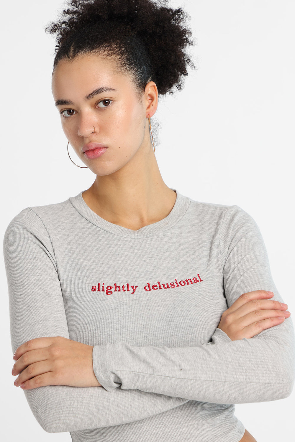 Slightly Delusional Embroidered Long Sleeve Baby Tee Slightly Delusional Embroidered Long Sleeve Baby Tee