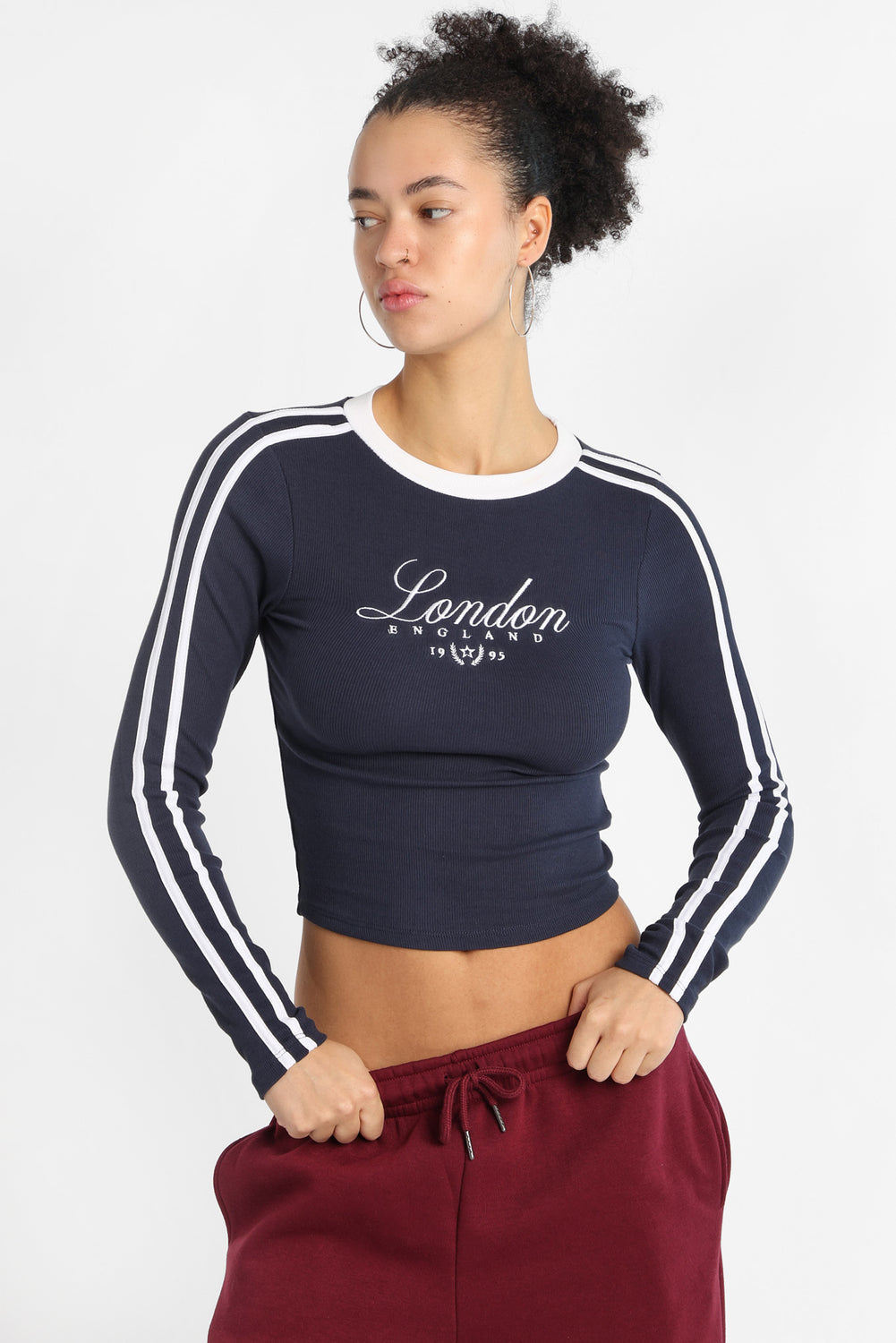 London England 1995 Embroidered Long Sleeve Baby Tee London England 1995 Embroidered Long Sleeve Baby Tee