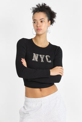 T-shirt ajusté à manches longues brodé NYC