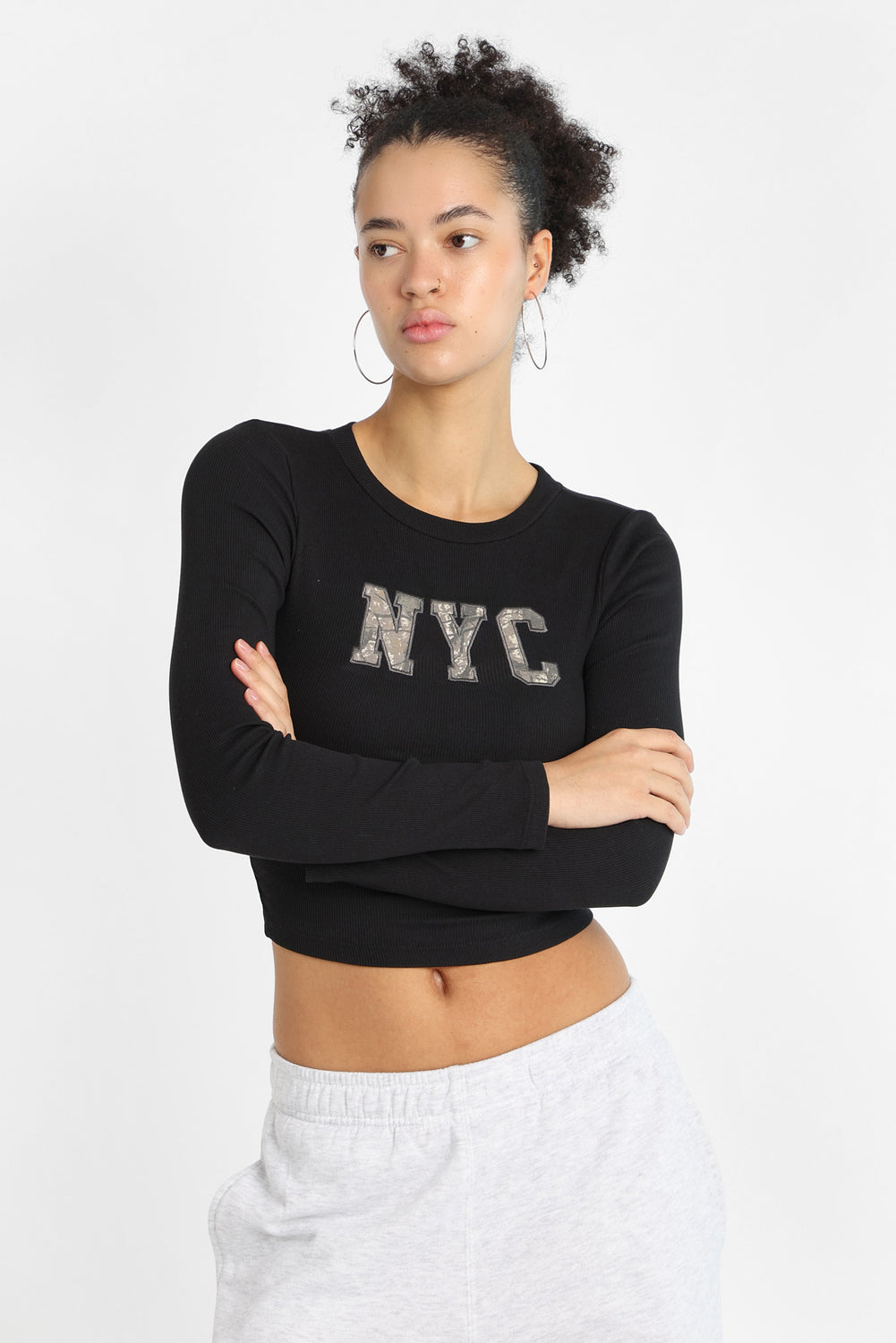 NYC Tree Camouflage Embroidered Long Sleeve Baby Tee NYC Tree Camouflage Embroidered Long Sleeve Baby Tee