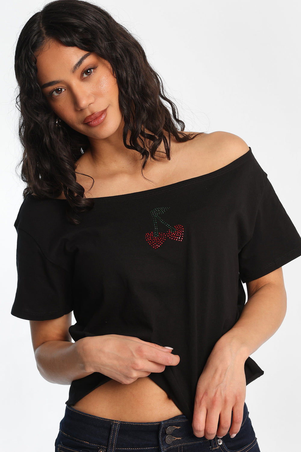 Cherries Off-Shoulder Short Sleeve Tee Cherries Off-Shoulder Short Sleeve Tee