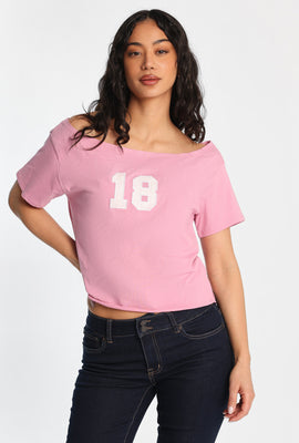 T-shirt à grand décolleté bateau à manches courtes 18 brodé