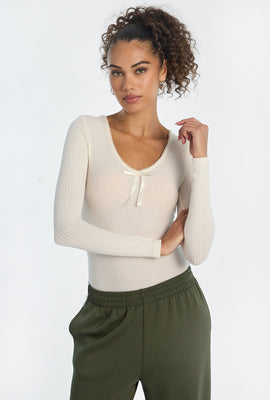 Ribbed Knit Long Sleeve V-Neck Bodysuit