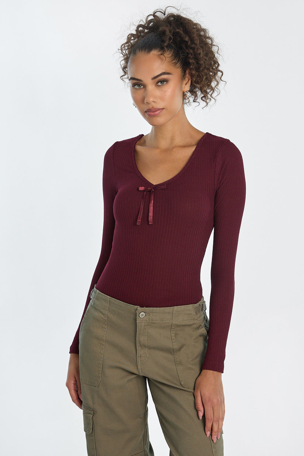 Ribbed Knit Long Sleeve V-Neck Bodysuit Ribbed Knit Long Sleeve V-Neck Bodysuit