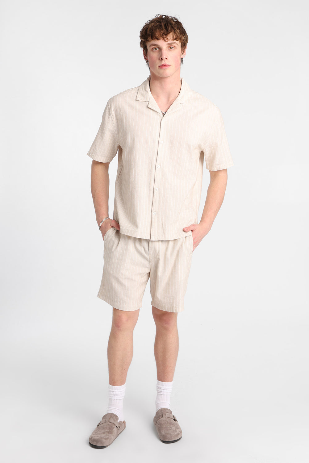 Textured Pinstriped Button-Up Shirt Textured Pinstriped Button-Up Shirt