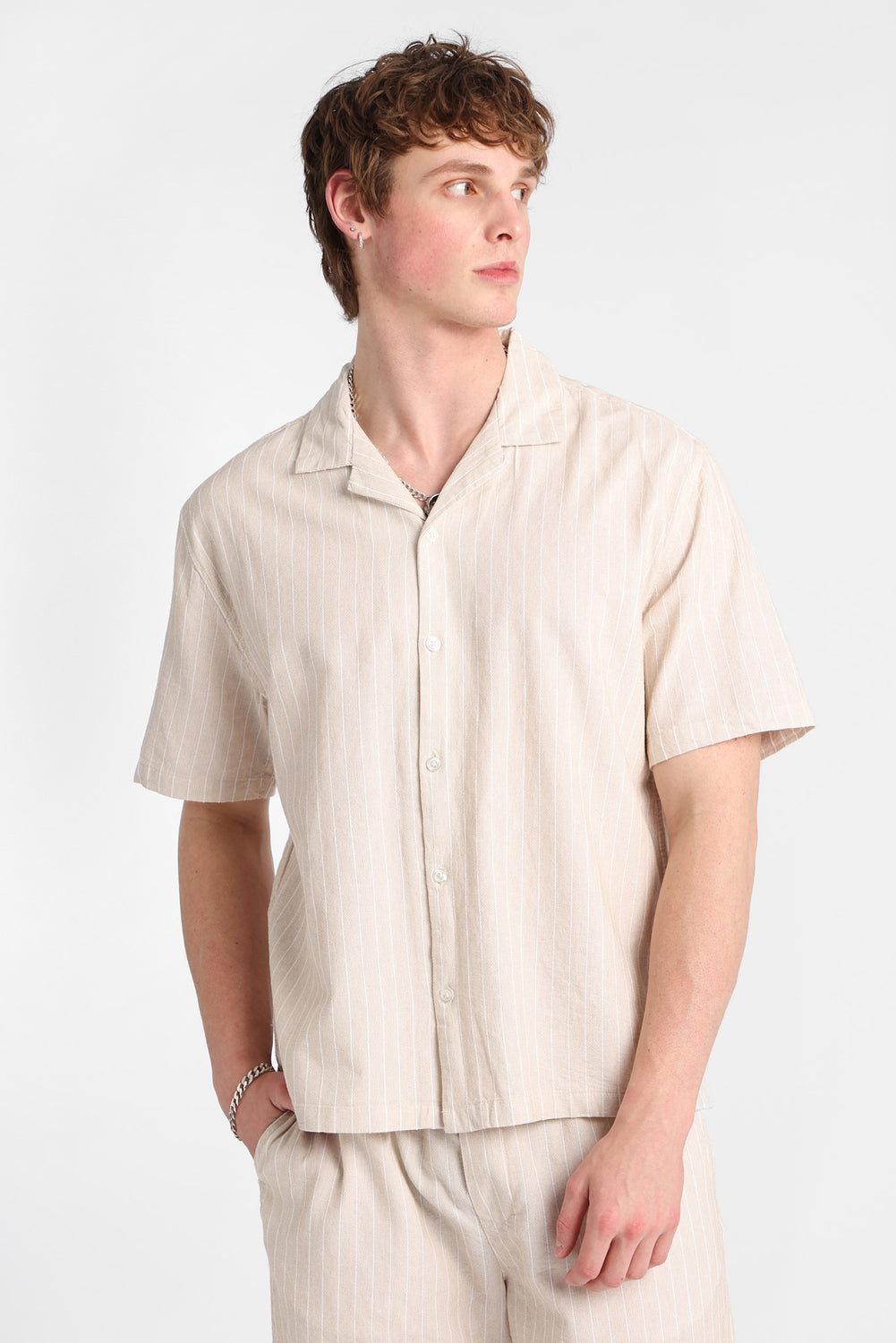 Textured Pinstriped Button-Up Shirt Textured Pinstriped Button-Up Shirt