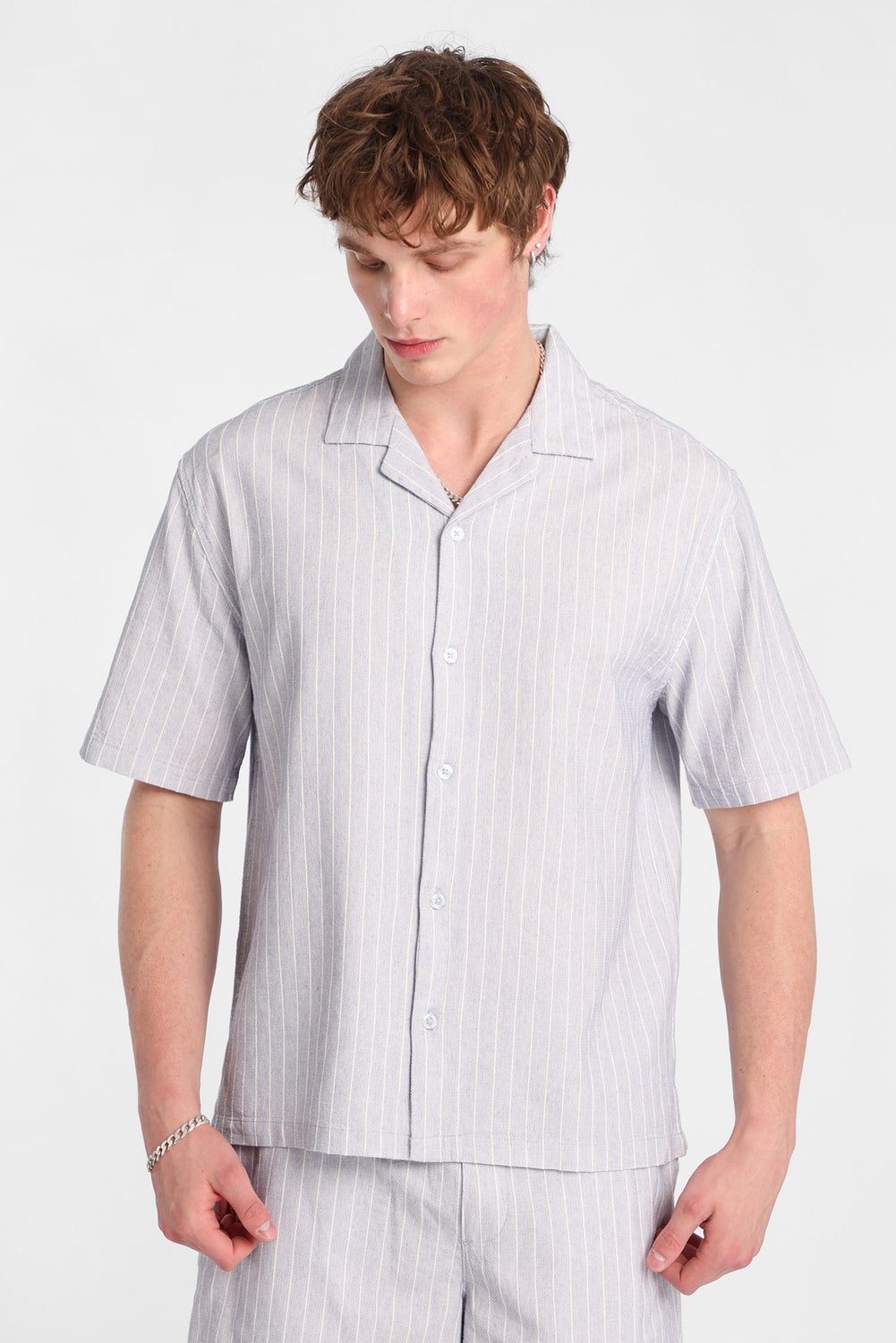 Textured Pinstriped Button-Up Shirt Textured Pinstriped Button-Up Shirt
