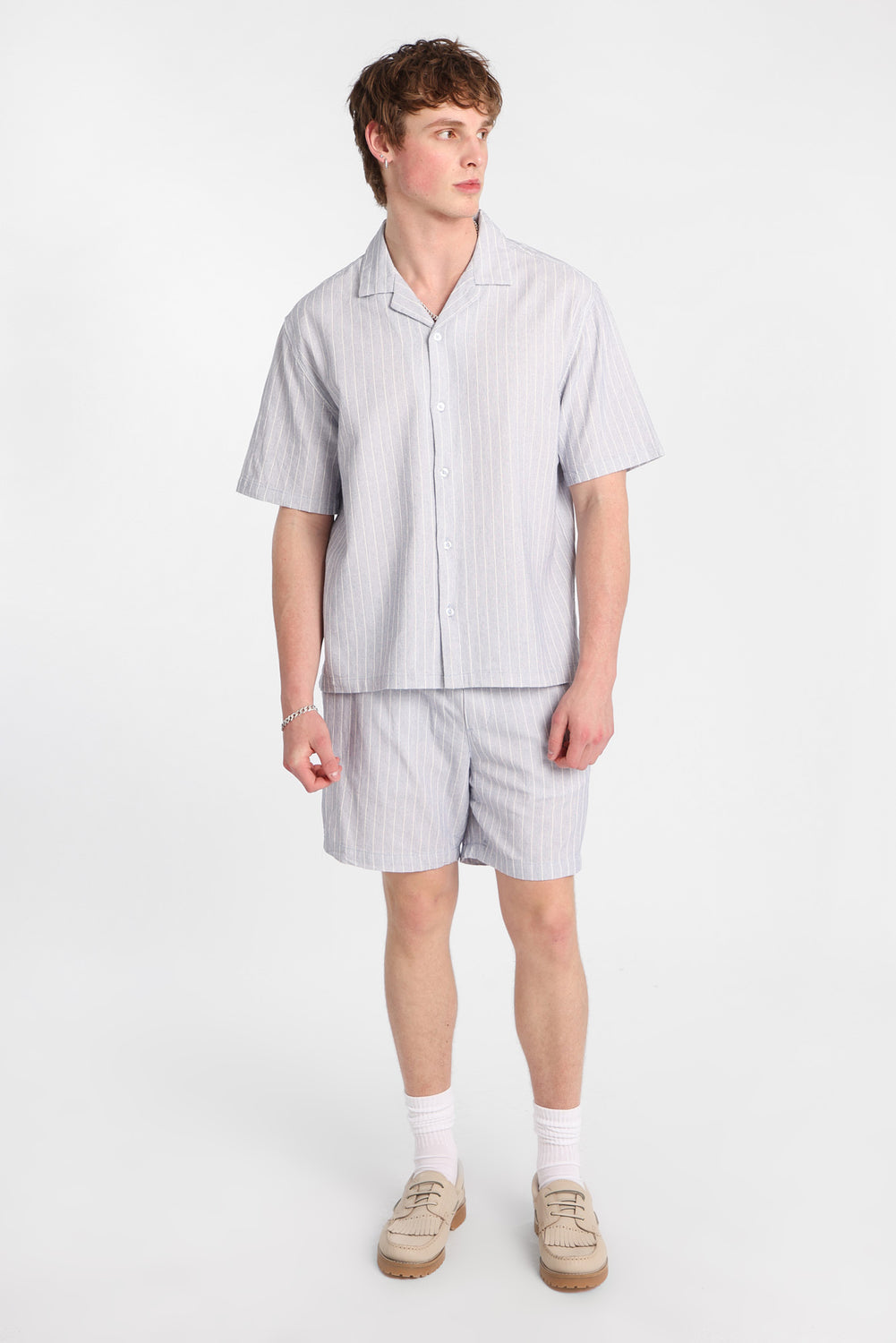 Textured Pinstriped Button-Up Shirt Textured Pinstriped Button-Up Shirt