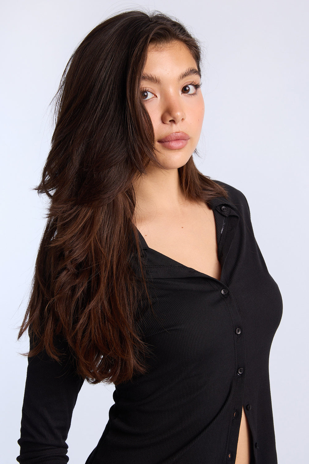 Long Sleeve Button-Front Slim Polo Top Long Sleeve Button-Front Slim Polo Top
