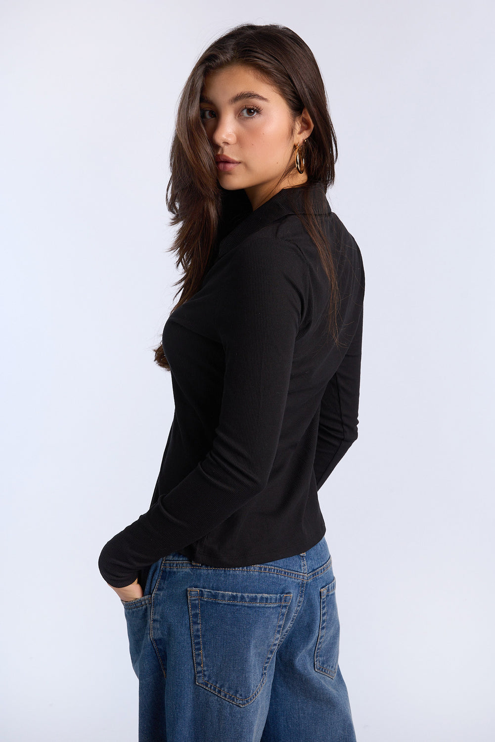 Long Sleeve Button-Front Slim Polo Top Long Sleeve Button-Front Slim Polo Top