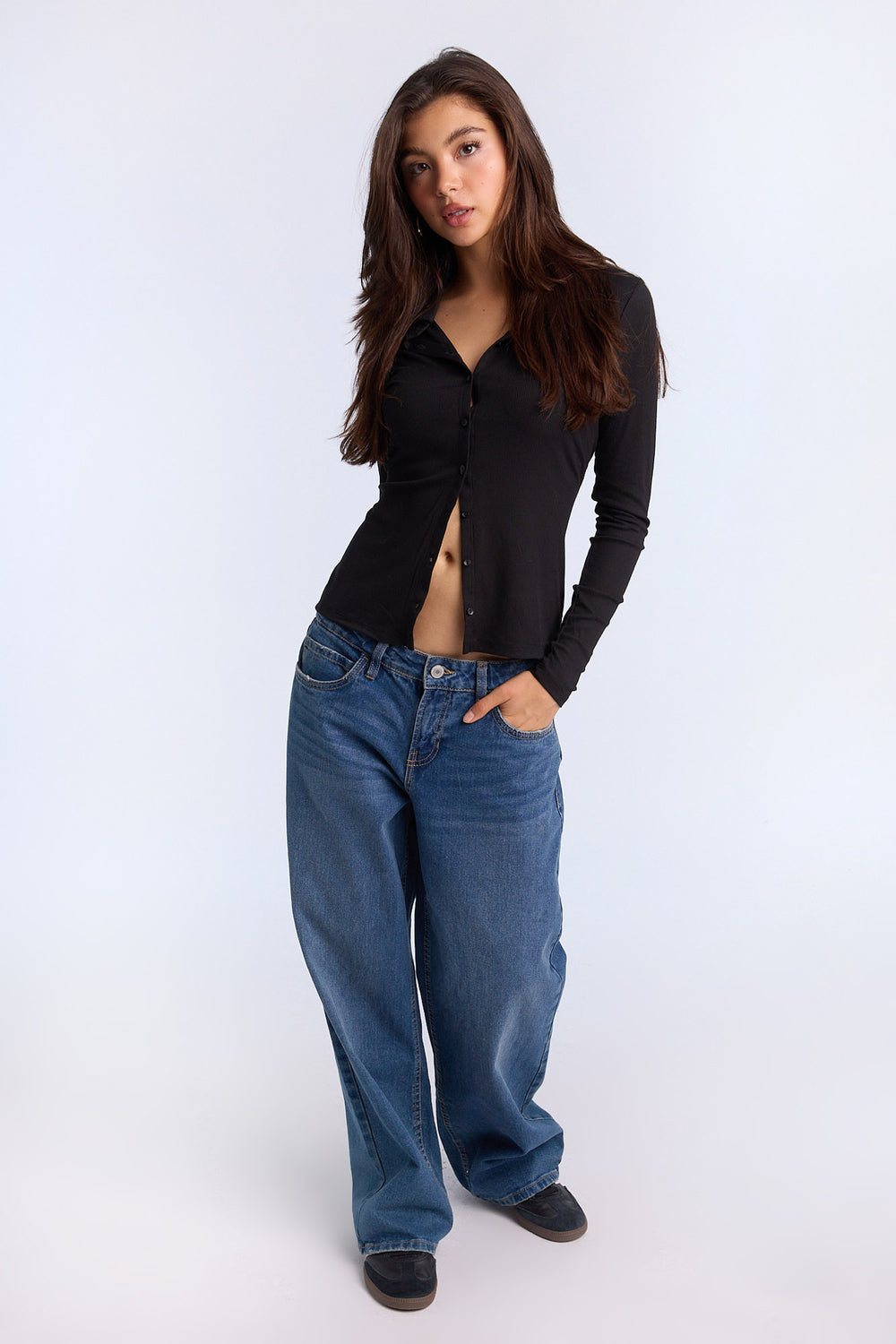 Long Sleeve Button-Front Slim Polo Top Long Sleeve Button-Front Slim Polo Top