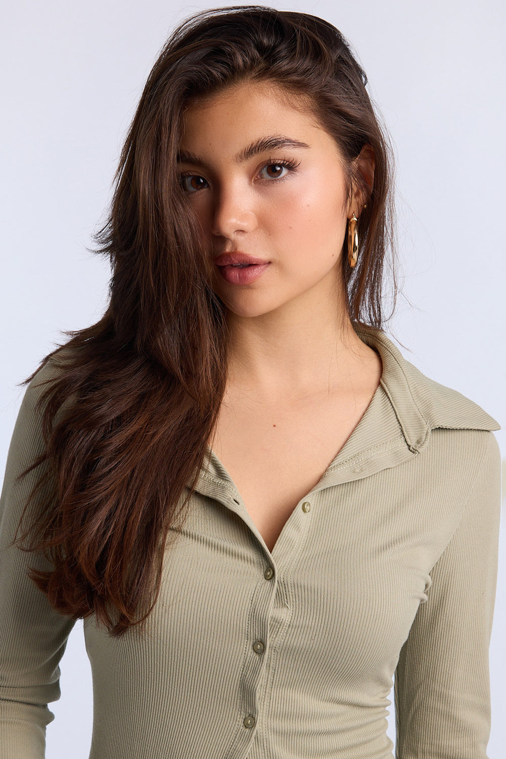Long Sleeve Button-Front Slim Polo Top Long Sleeve Button-Front Slim Polo Top