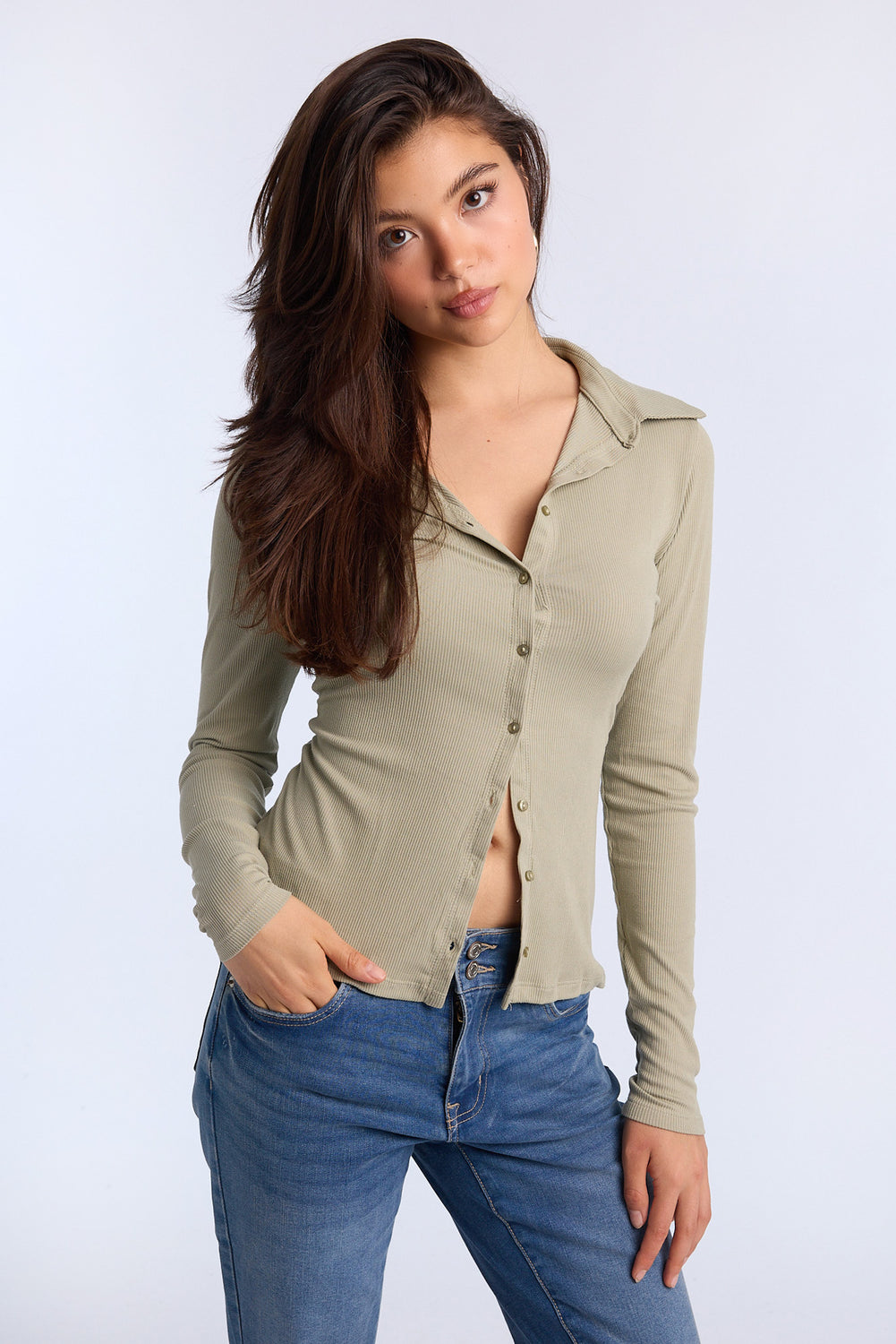 Long Sleeve Button-Front Slim Polo Top Long Sleeve Button-Front Slim Polo Top