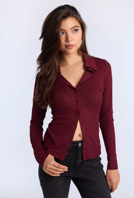 Long Sleeve Button-Front Slim Polo Top