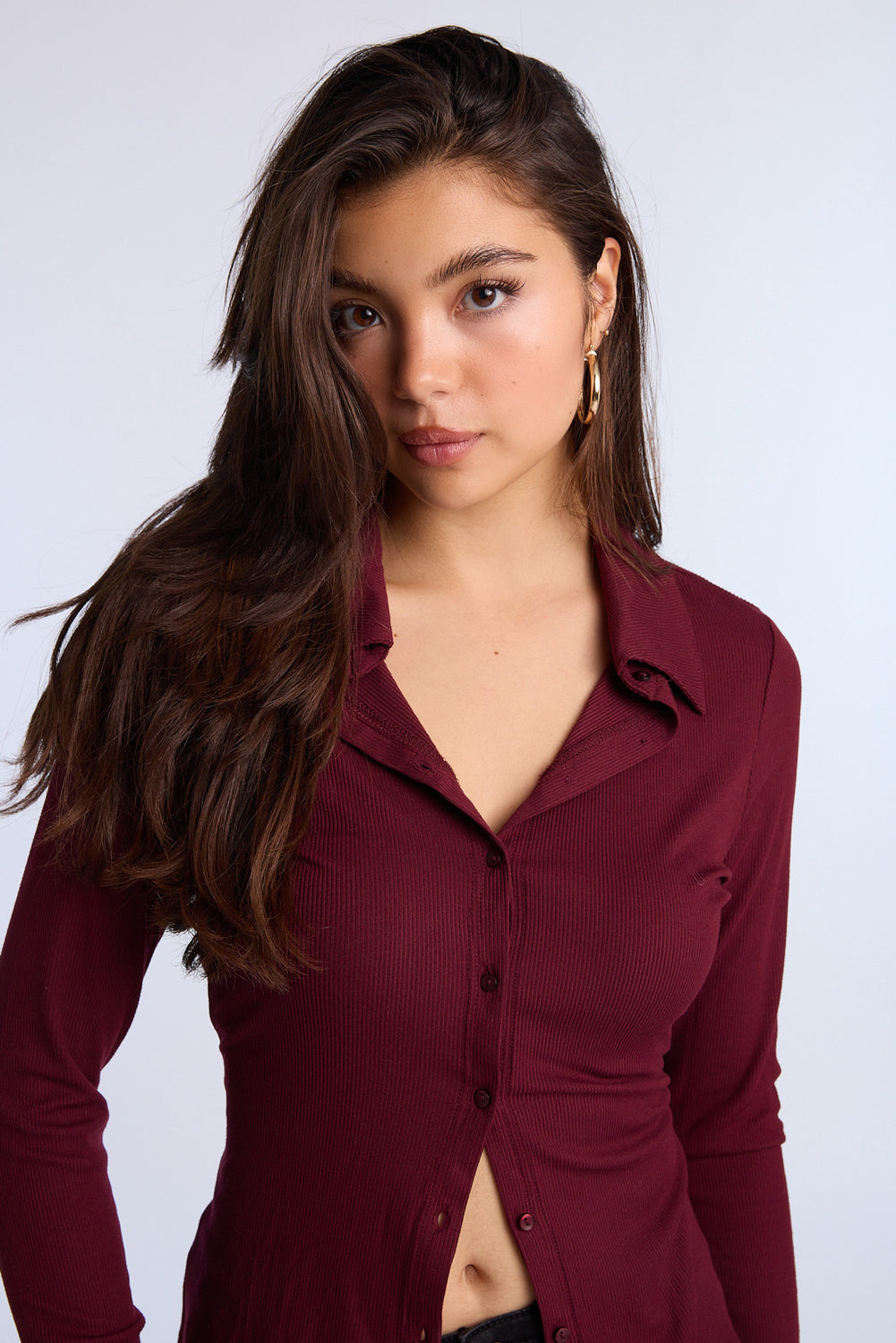 Long Sleeve Button-Front Slim Polo Top Long Sleeve Button-Front Slim Polo Top