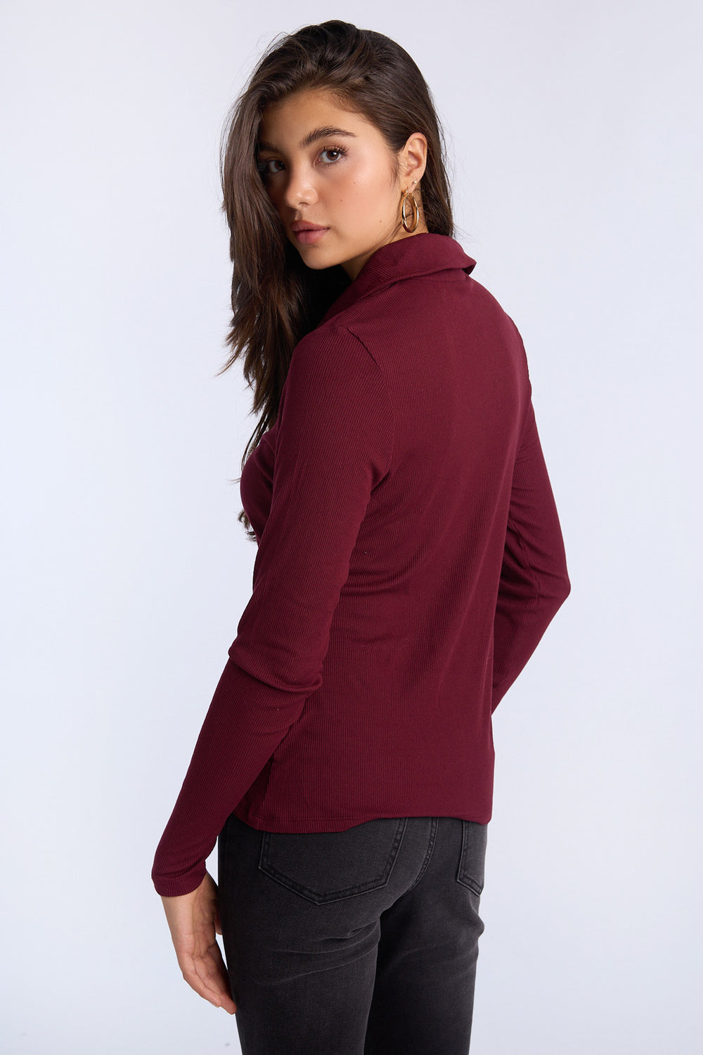 Long Sleeve Button-Front Slim Polo Top Long Sleeve Button-Front Slim Polo Top
