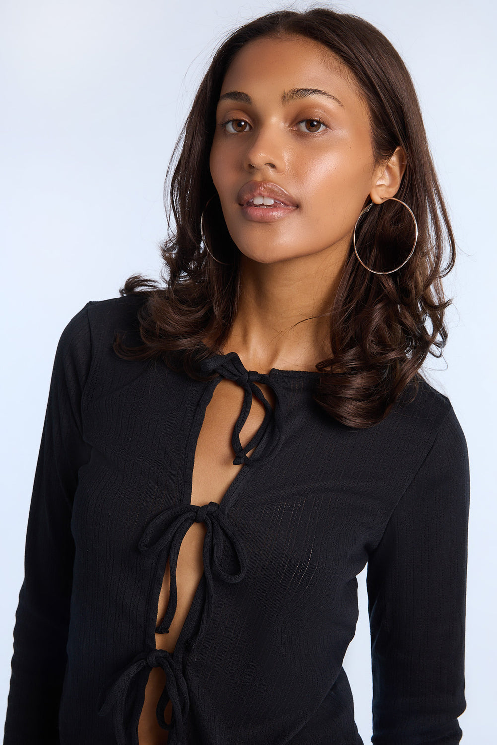 Eyelet Long Sleeve Tie-Front Top Eyelet Long Sleeve Tie-Front Top