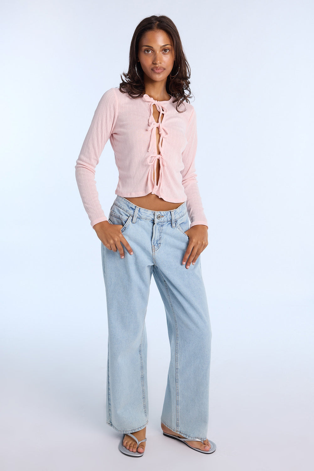 Eyelet Long Sleeve Tie-Front Top Eyelet Long Sleeve Tie-Front Top