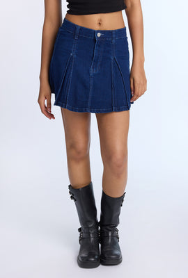 High Rise Pleated Denim Mini Skirt