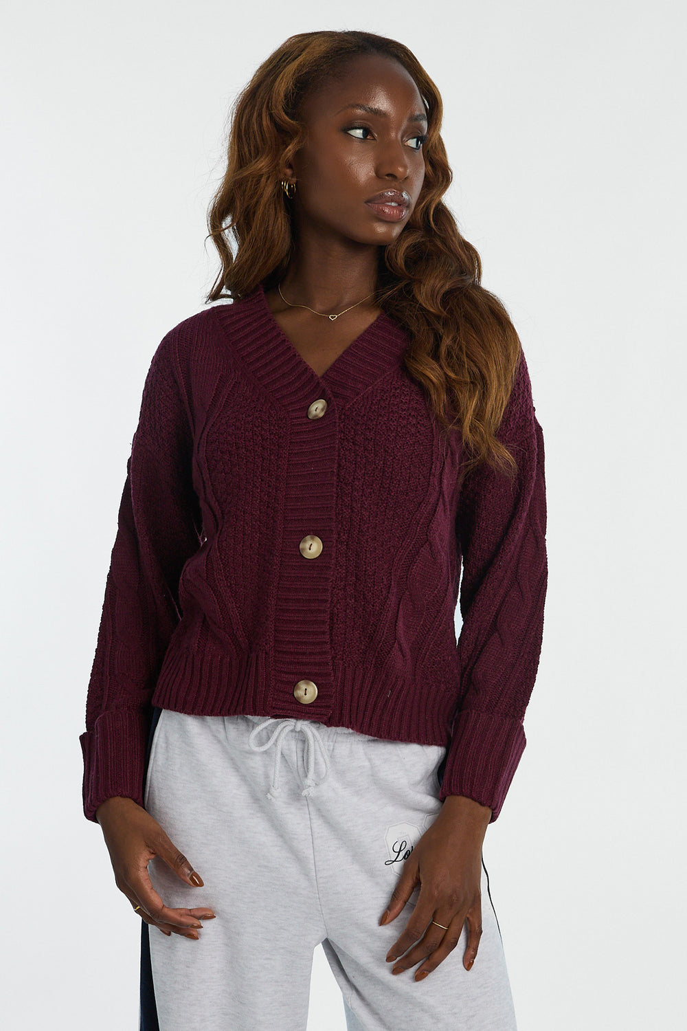 Cardigan en tricot torsadé à point de riz Cardigan en tricot torsadé à point de riz