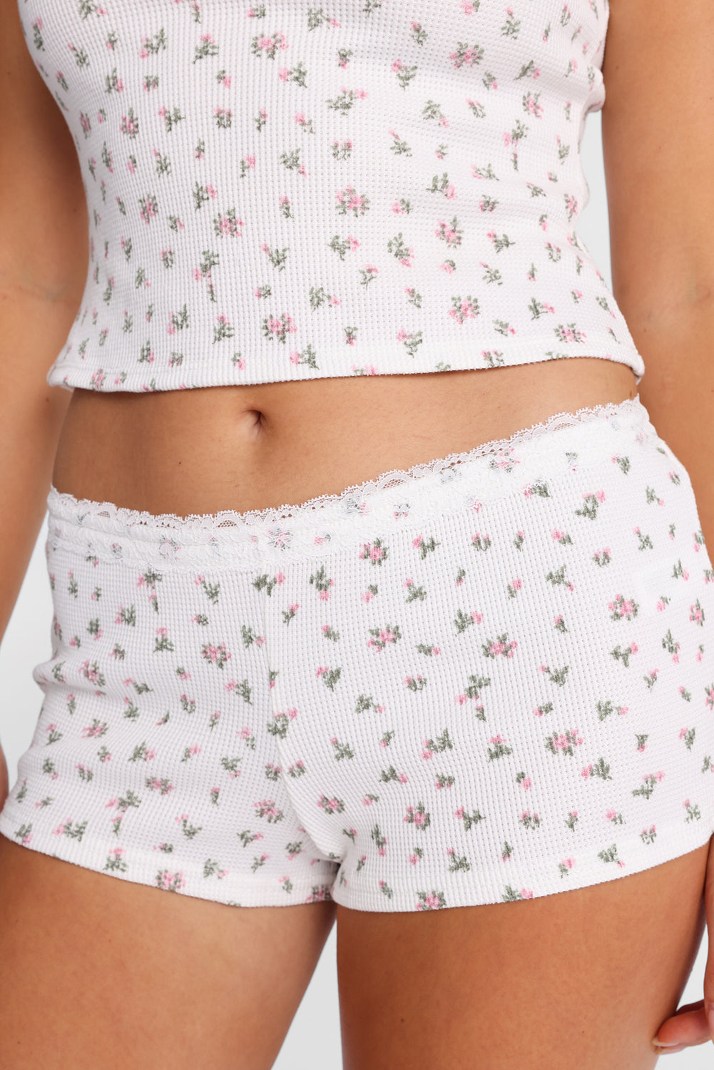 Waffle Knit Lace Trim Pajama Shorts Waffle Knit Lace Trim Pajama Shorts