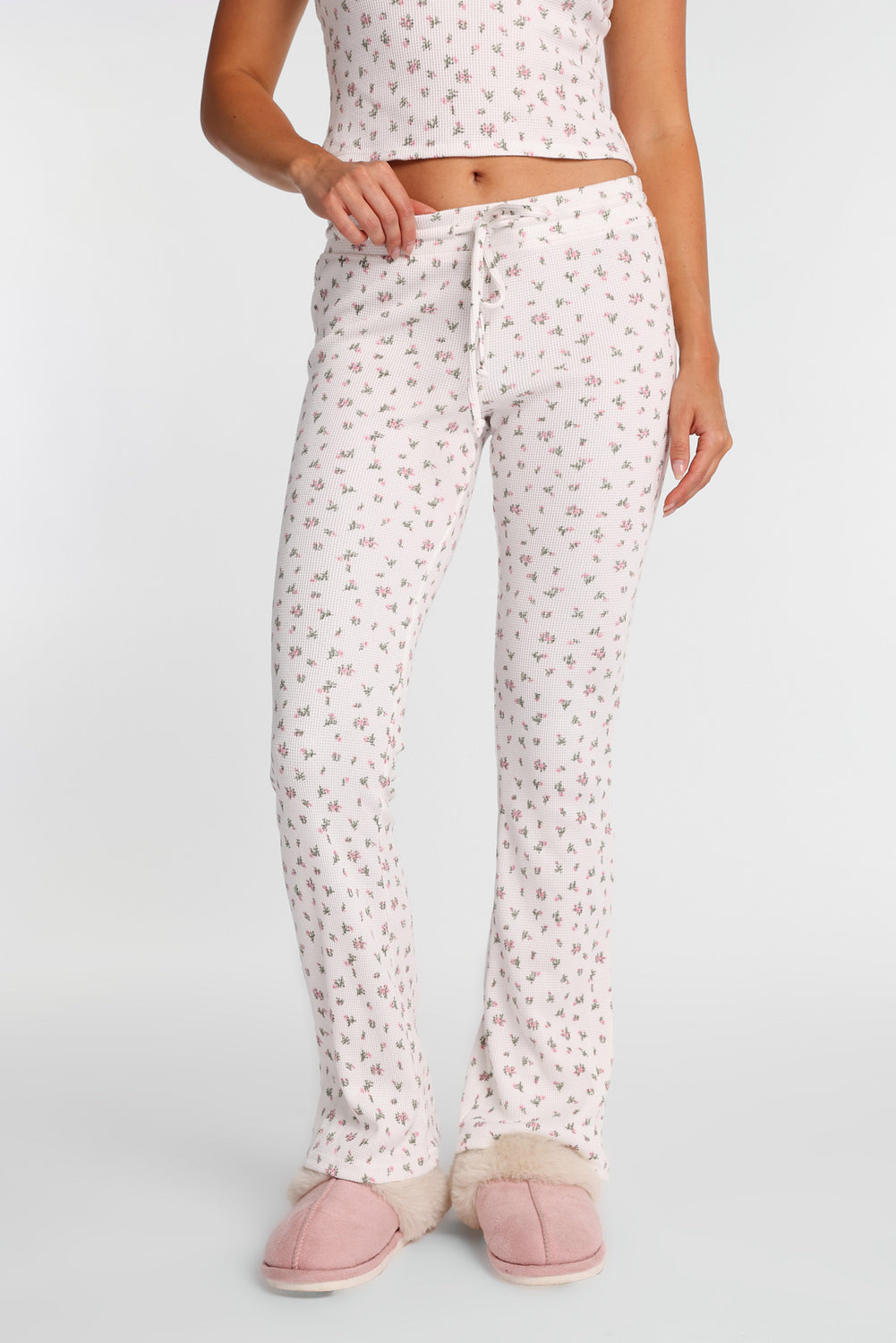 Pantalon pyjama à jambe semi-évasée en tricot gaufré Pantalon pyjama à jambe semi-évasée en tricot gaufré