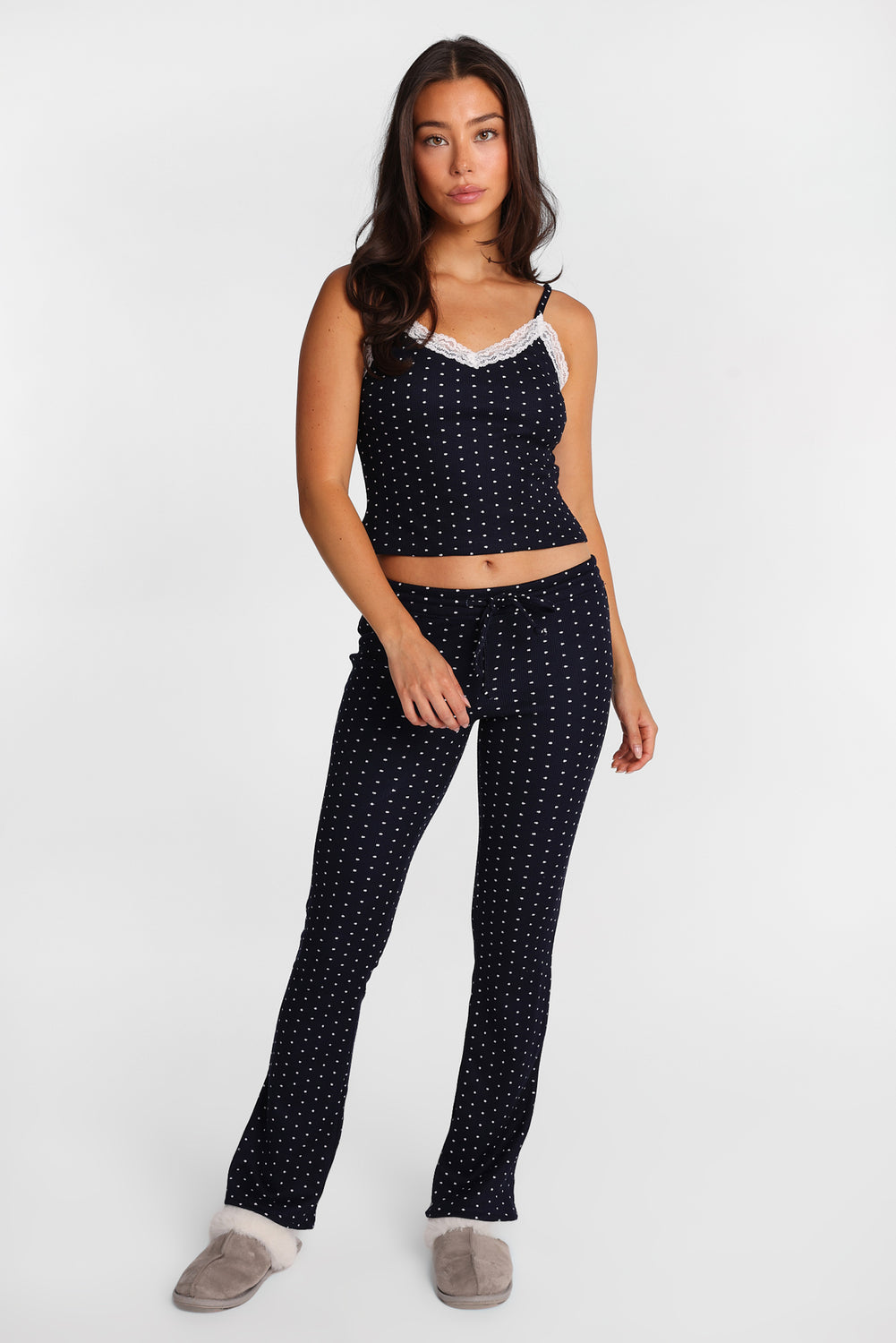 Pantalon pyjama à jambe semi-évasée en tricot gaufré Pantalon pyjama à jambe semi-évasée en tricot gaufré