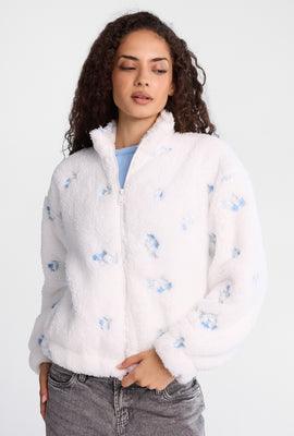 Embroidered Sherpa Zip-Up Jacket