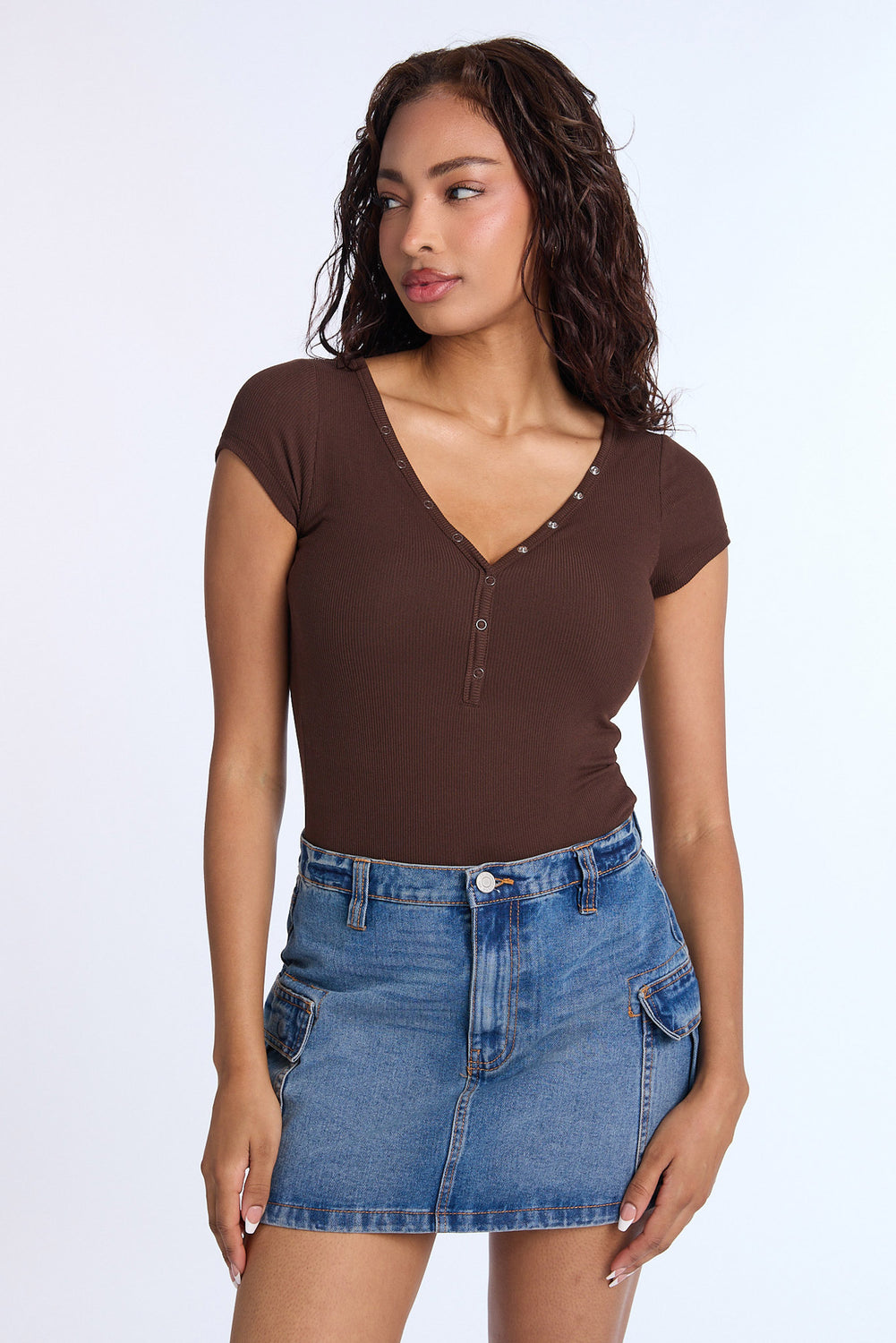 Super Soft Ribbed Short Sleeve Henley Bodysuit Super Soft Ribbed Short Sleeve Henley Bodysuit