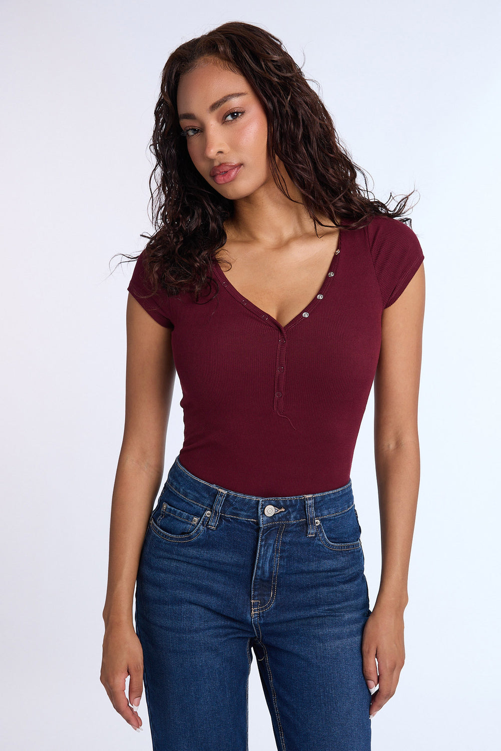 Super Soft Ribbed Short Sleeve Henley Bodysuit Super Soft Ribbed Short Sleeve Henley Bodysuit