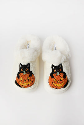 Black Cat & Pumpkin Faux-Shearling Plush Slippers