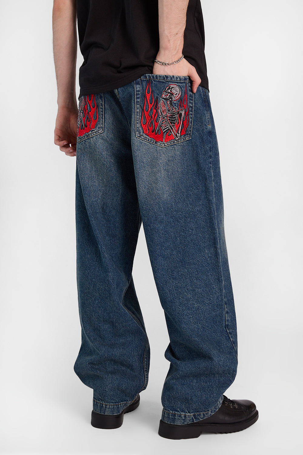 Skeleton & Flames Embroidered Skater Jeans Skeleton & Flames Embroidered Skater Jeans