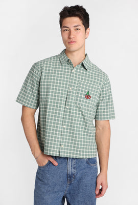 Cherry Embroidered Plaid Button-Up Shirt