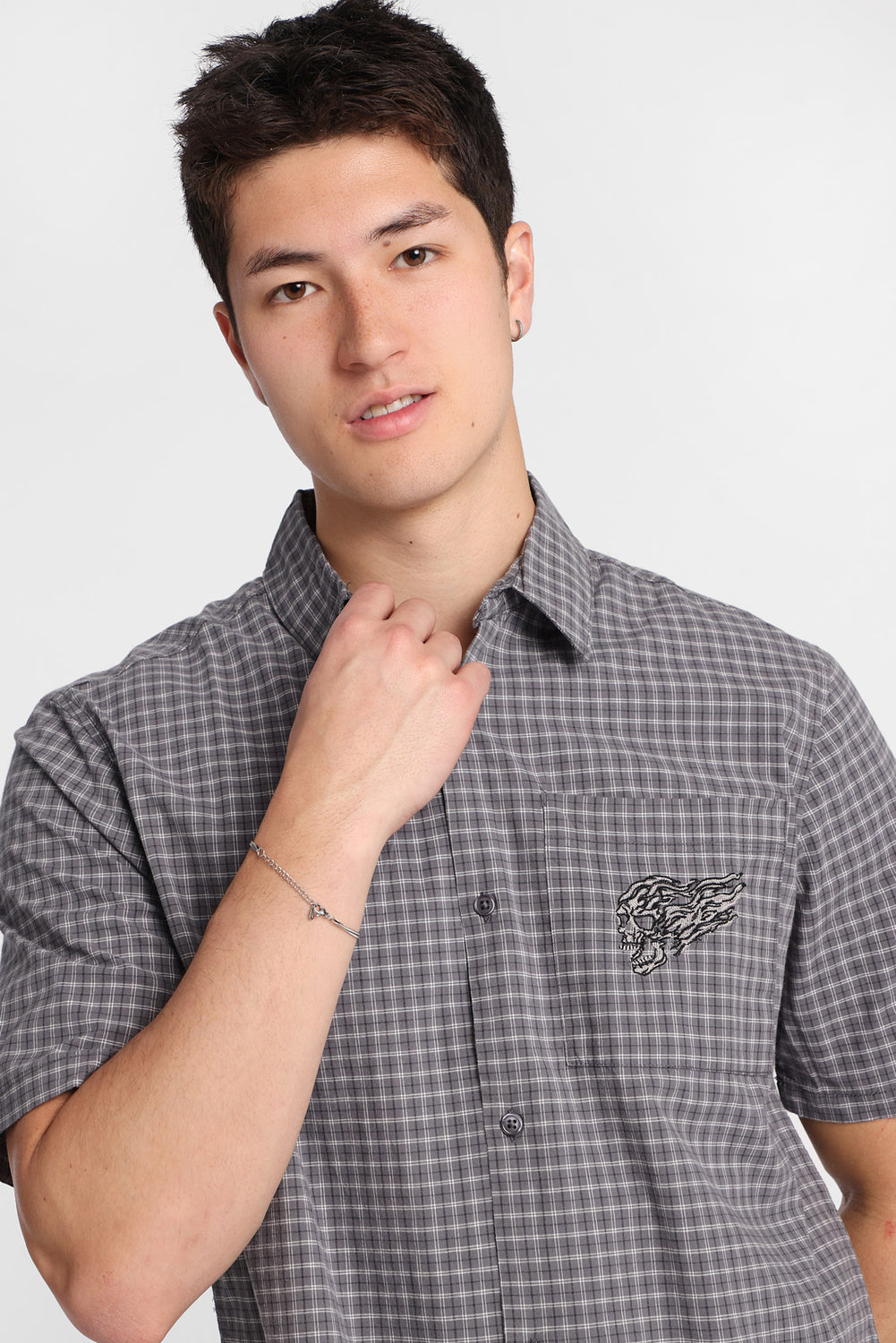 Skull Embroidered Plaid Button-Up Shirt Skull Embroidered Plaid Button-Up Shirt