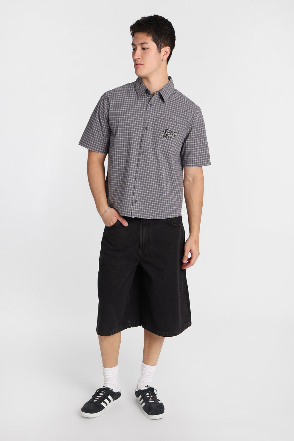 Skull Embroidered Plaid Button-Up Shirt Skull Embroidered Plaid Button-Up Shirt