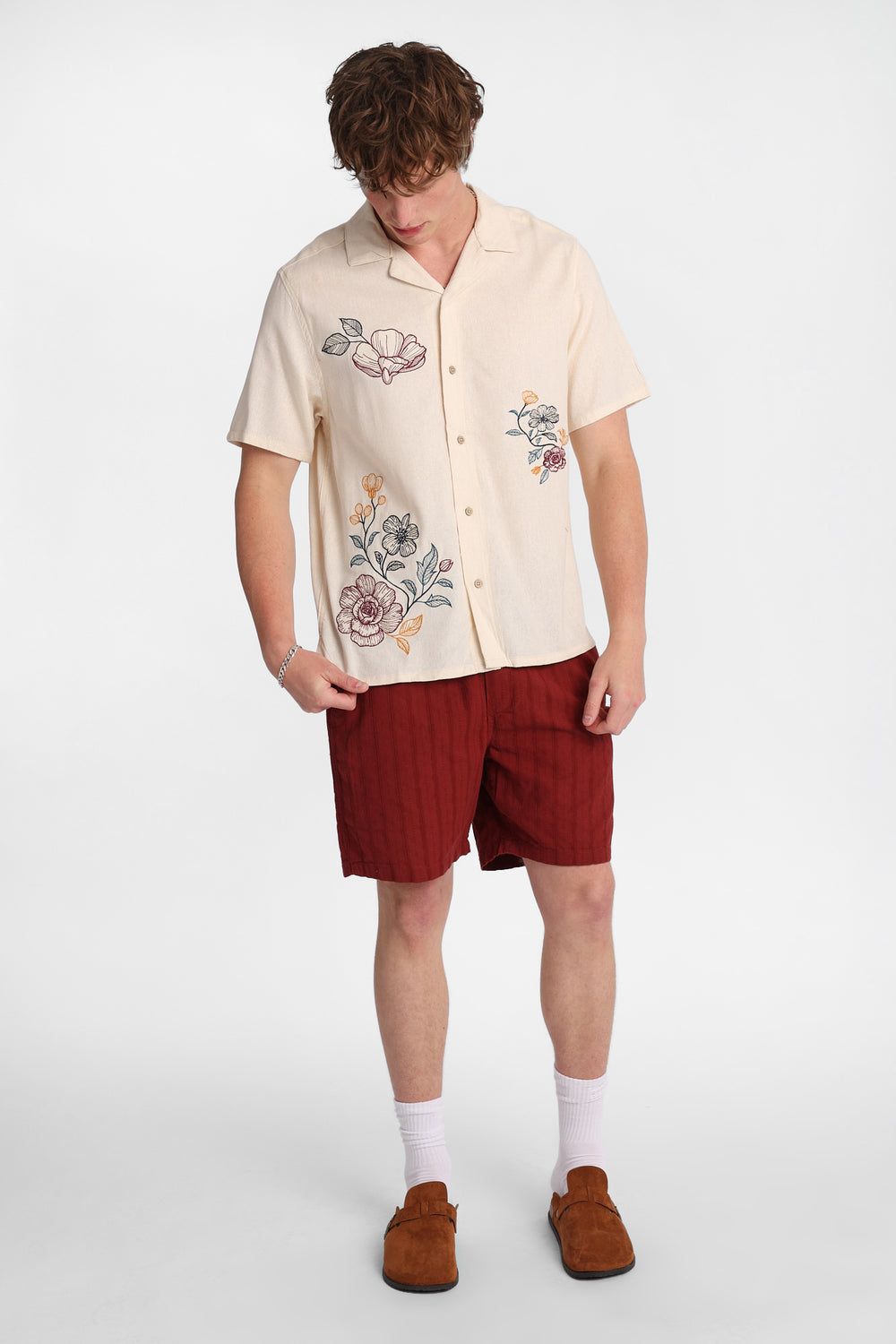 Floral Embroidered Linen-Blend Button-Up Shirt Floral Embroidered Linen-Blend Button-Up Shirt