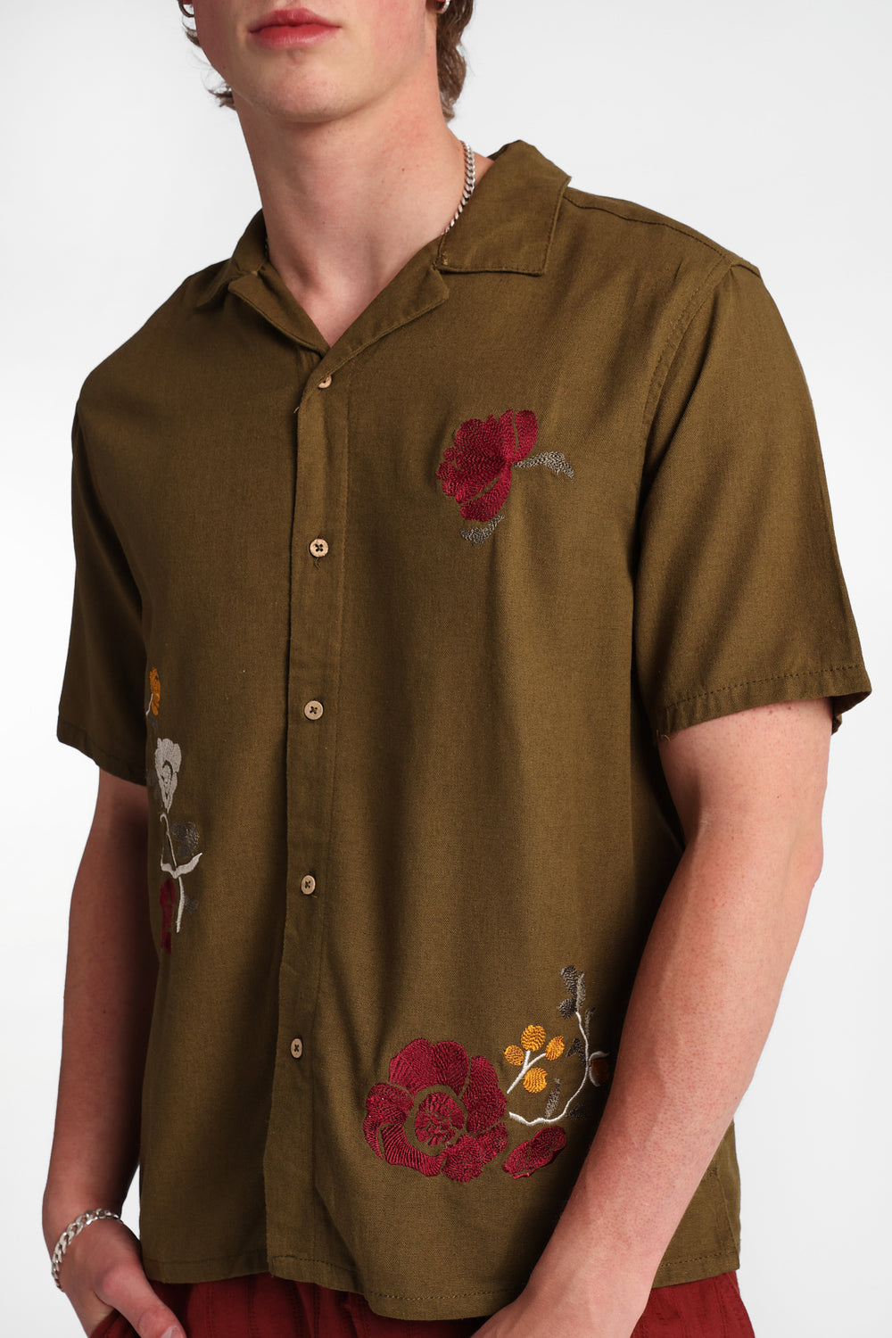 Floral Embroidered Linen-Blend Button-Up Shirt Floral Embroidered Linen-Blend Button-Up Shirt