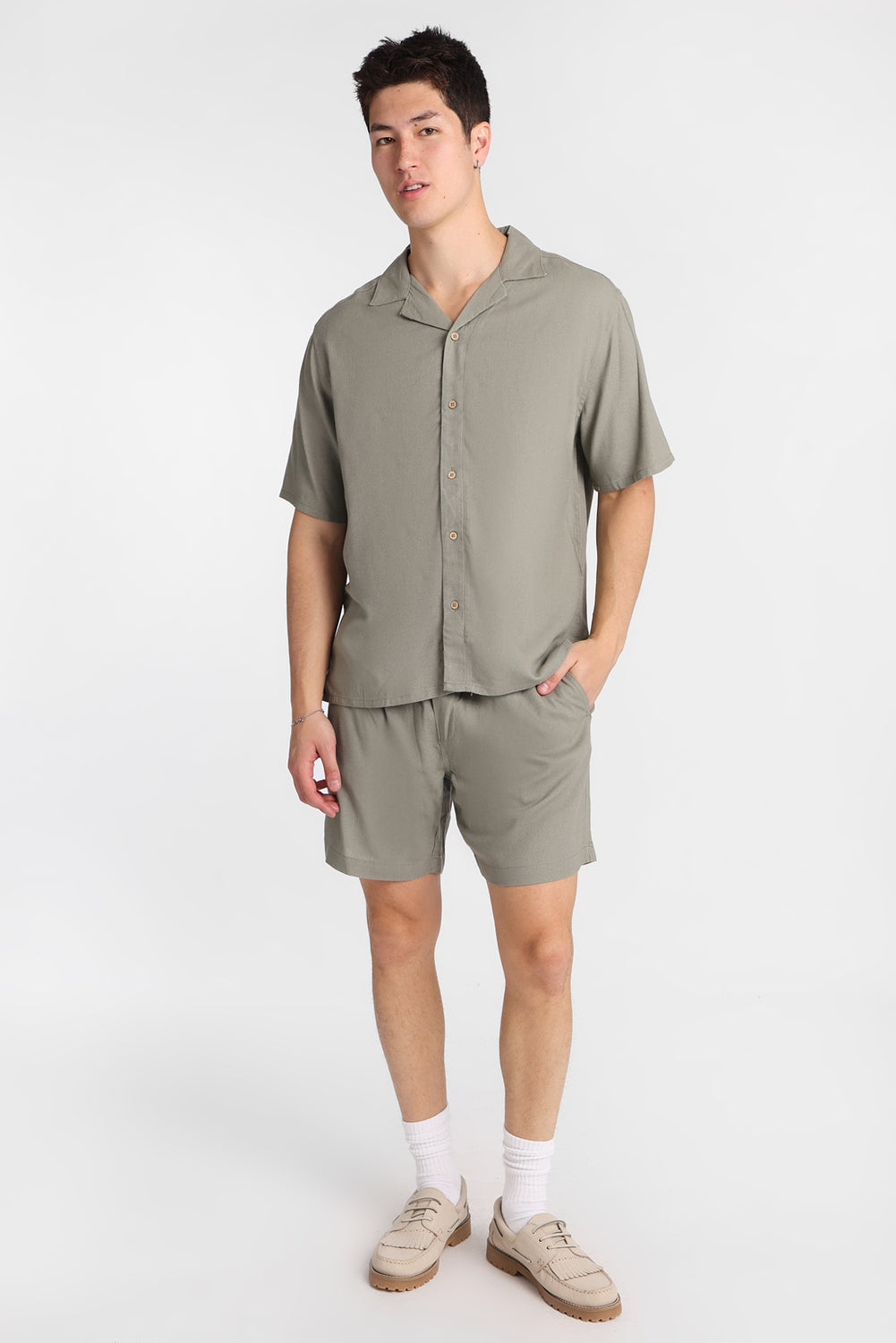 Linen-Blend Short Sleeve Button-Up Shirt Linen-Blend Short Sleeve Button-Up Shirt