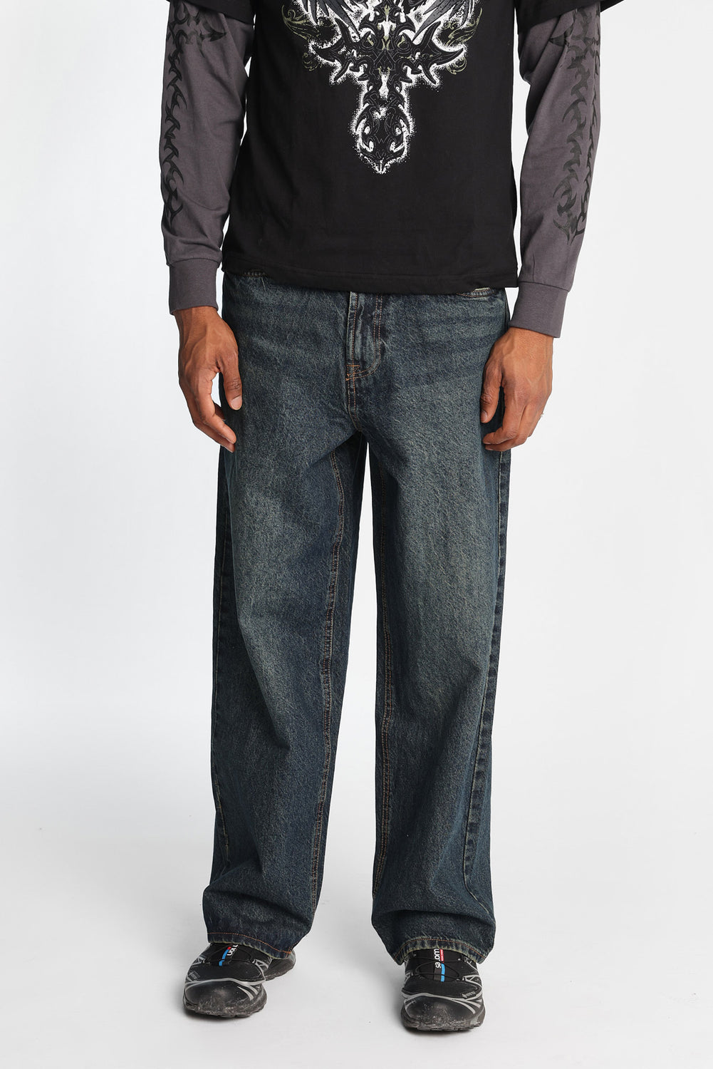 Embroidered Dark Stonewash Baggy Jeans Embroidered Dark Stonewash Baggy Jeans