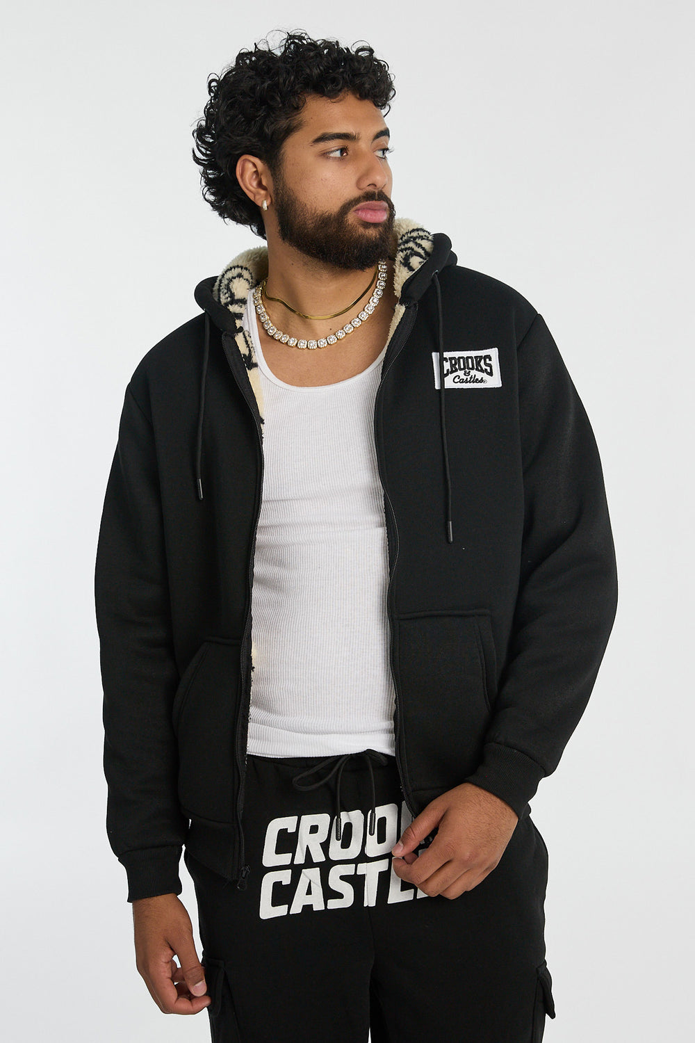 Haut à capuchon zippé doublé sherpa Crooks & Castles homme Haut à capuchon zippé doublé sherpa Crooks & Castles homme