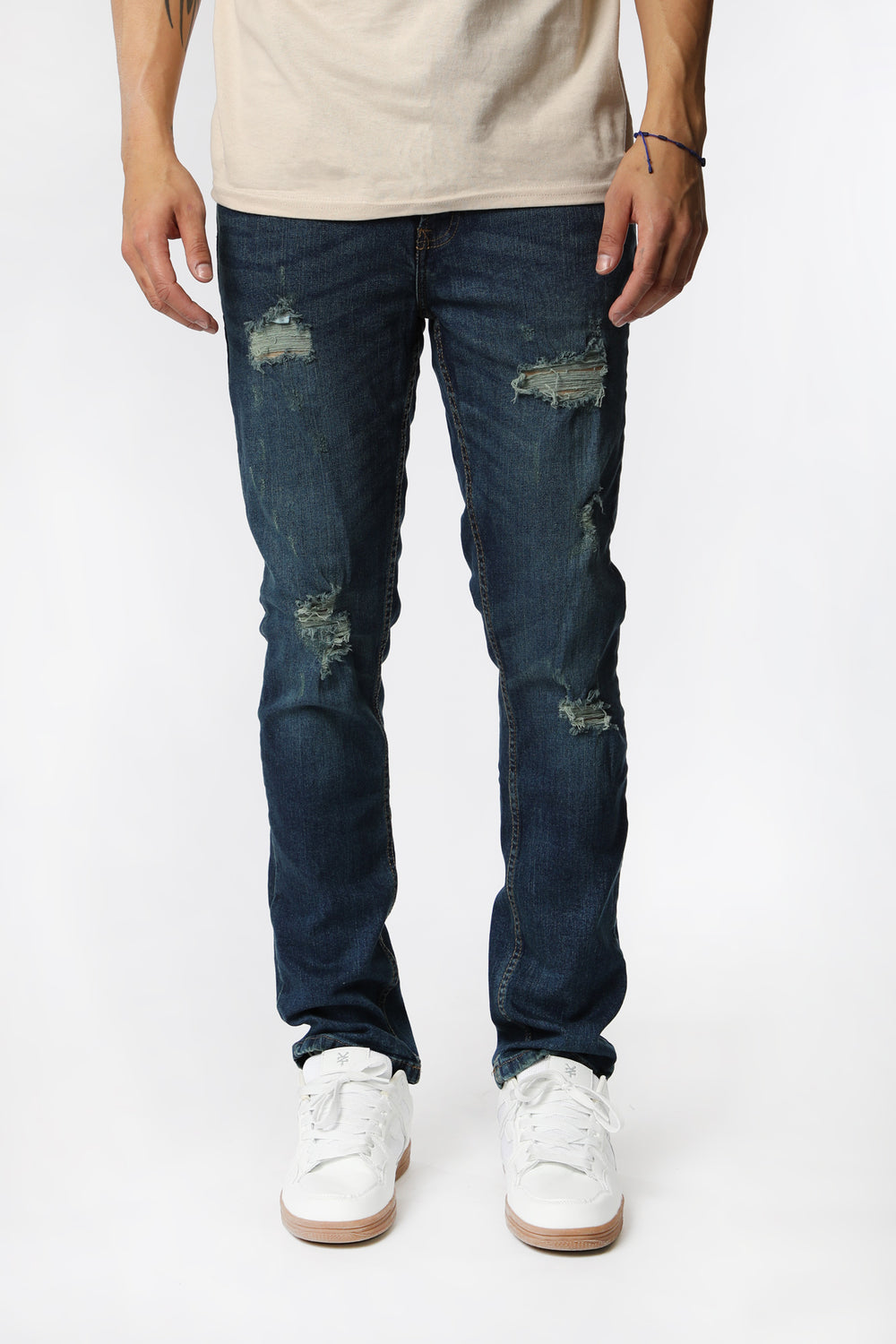 West49 Mens Distressed Slim Jeans Rinse Denim
