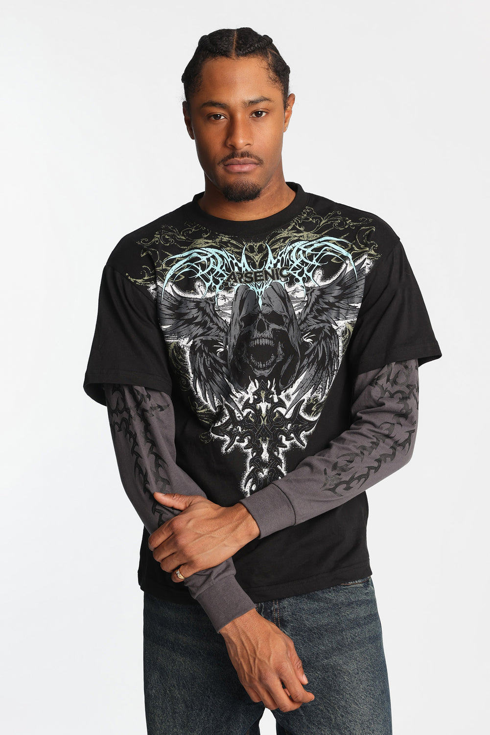 Arsenic Skull Graphic Long Sleeve 2-Fer Tee T-shirt à manches longues superposé imprimé crâne Arsenic - West49