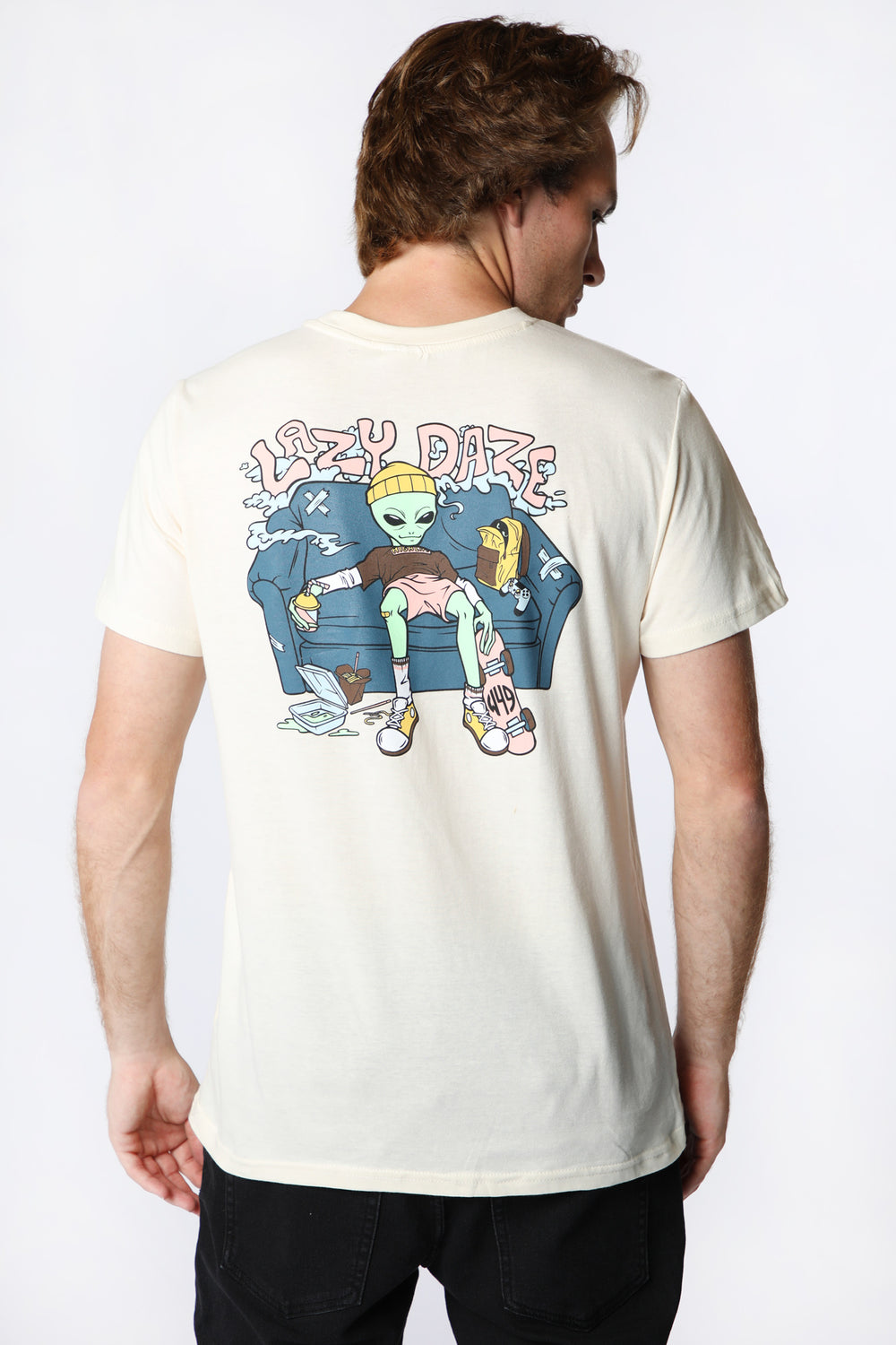 T-Shirt Imprimé Lazy Alien Homme Blanc casse